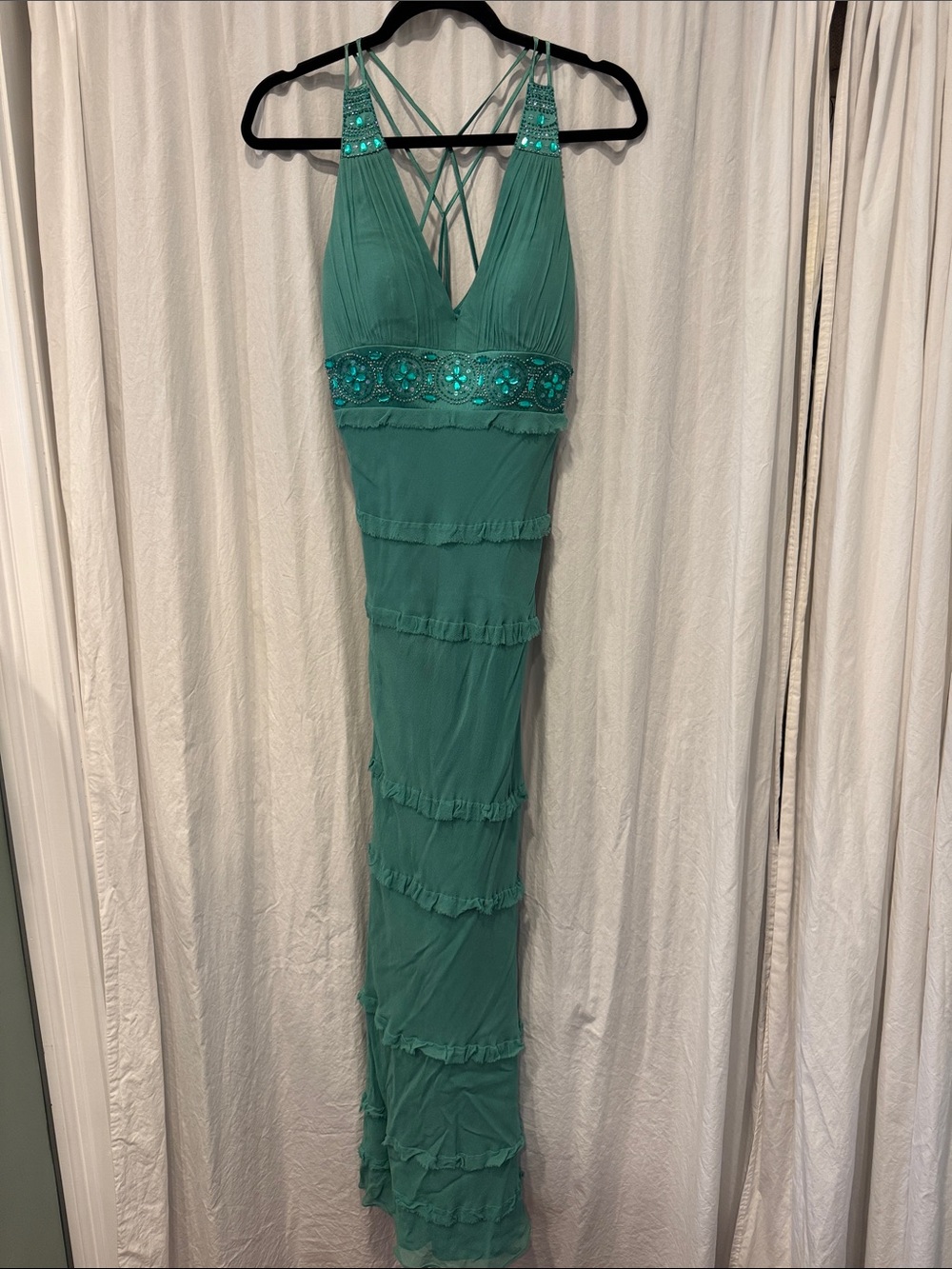Strappy Teal Silk Maxi Dress with Beaded Waist